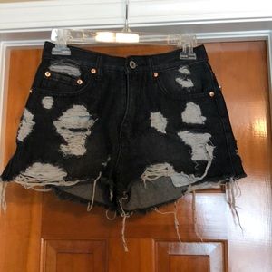Black Distressed High Waisted Jean Shorts